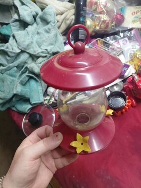 Classic Red Hummingbird Feeder with Yellow Flower Ports